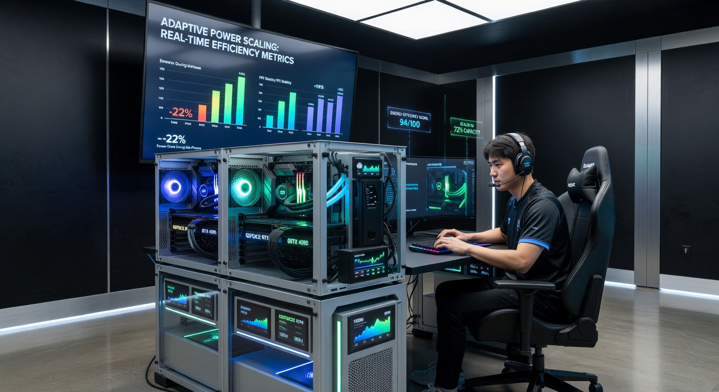 Close-up of GPU and CPU power management sensors in an esports rig during adaptive scaling operation