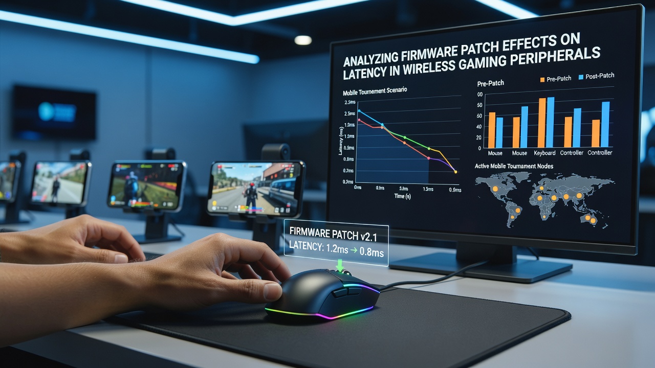 Wireless gaming peripherals connected to mobile devices during a tournament setup showing signal pathways and latency monitoring tools