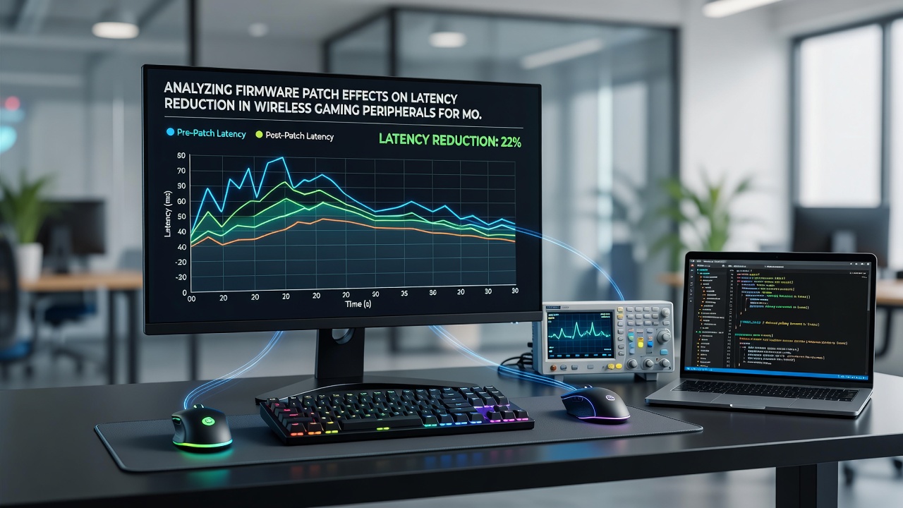 Technician applying firmware updates to wireless controllers ahead of a mobile esports match with latency graphs displayed on nearby monitors