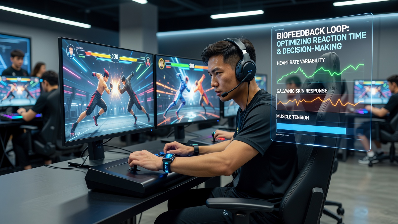 Professional fighting game player wearing biofeedback sensors during training session with real-time data displays