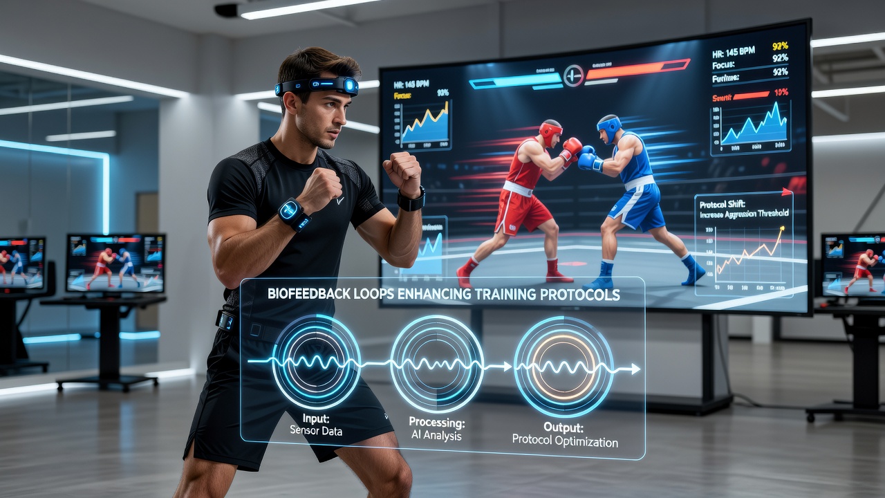 Close-up of wearable EMG sensors and heart rate monitor connected to training analysis software in an esports facility