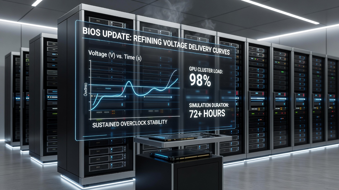High-end GPU cluster setup with cooling systems and monitoring displays during extended simulation workloads