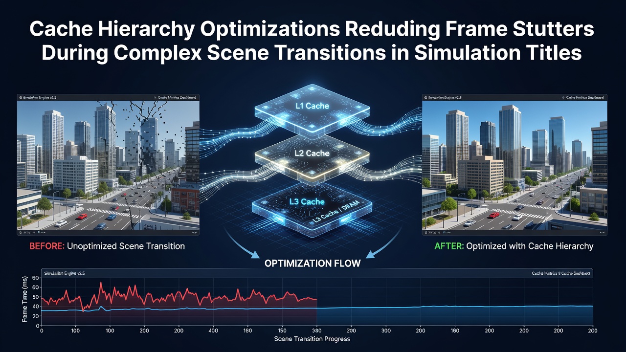 Processor cache hierarchy diagram showing L1, L2, and L3 levels optimized for simulation game data flows