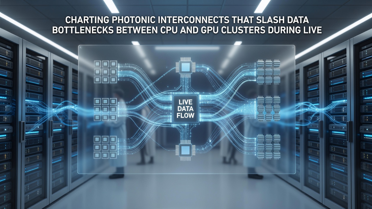 Close-up view of photonic interconnect modules installed between server racks handling 8K encoding