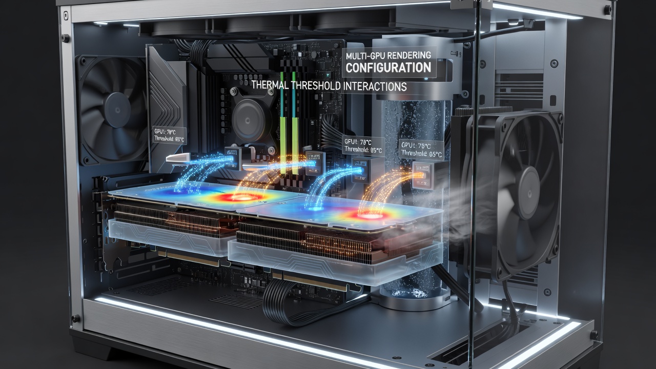 Close-up view of airflow patterns and temperature sensors across a multi-GPU rendering rig