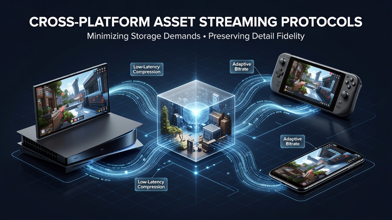 Diagram showing asset streaming workflow across console and handheld devices with data flow arrows and compression layers