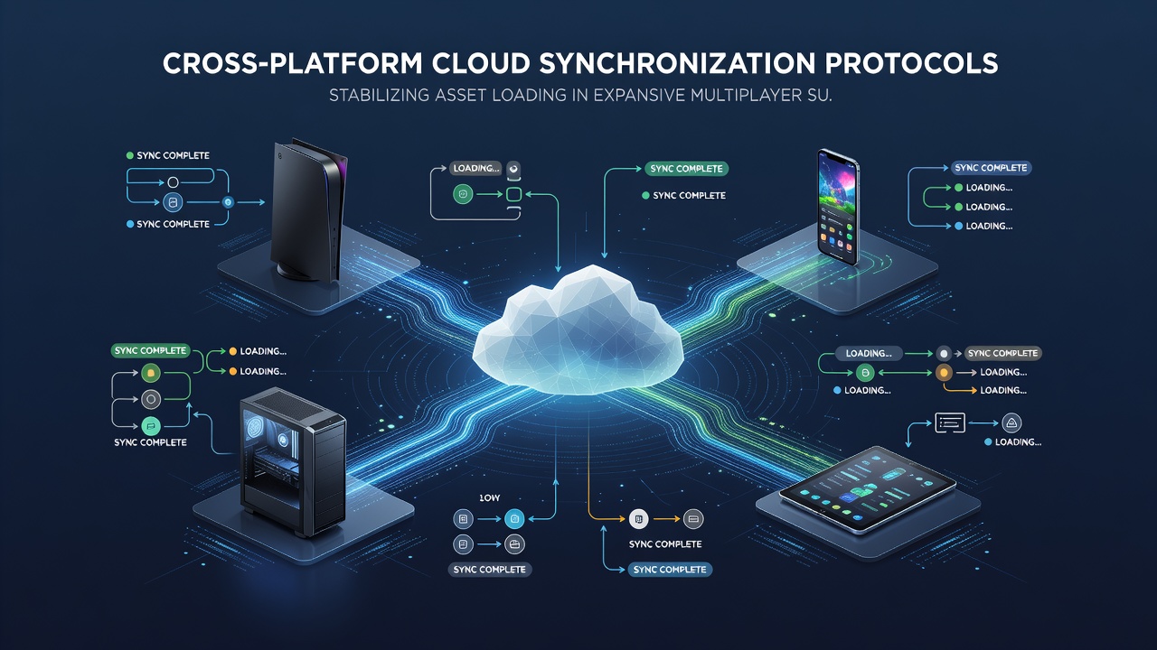 Diagram showing data flow between cloud servers and diverse gaming platforms during asset synchronization in survival multiplayer sessions