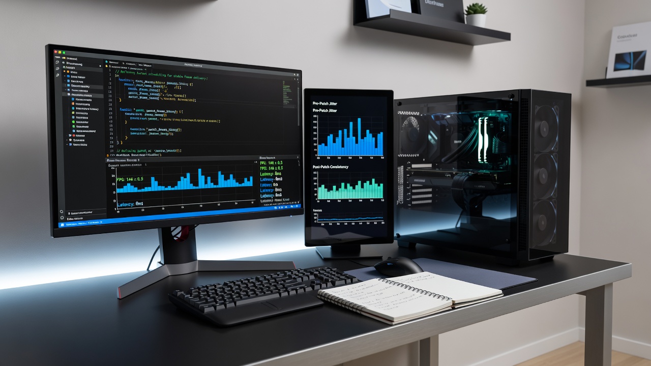 Performance graphs comparing frame timing before and after kernel patches on Linux gaming hardware