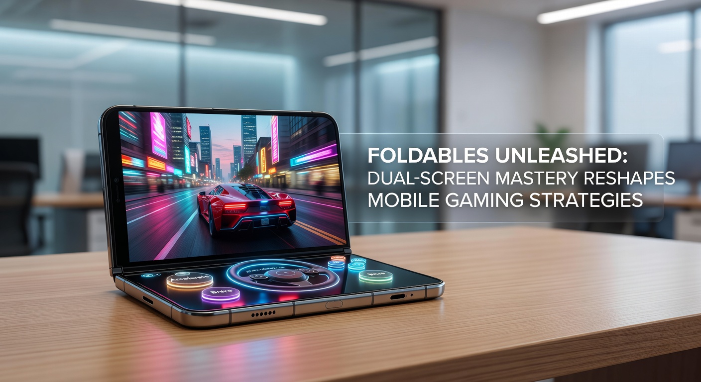 Foldable smartphone unfolded into dual-screen mode during an intense mobile gaming session, showcasing split interfaces for gameplay and controls