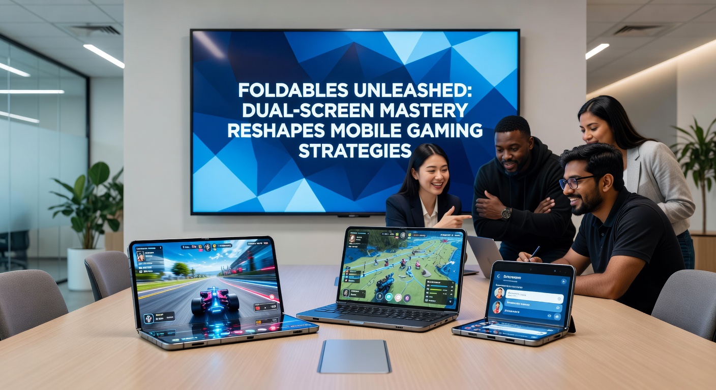 Close-up of a dual-screen foldable running a multiplayer battle royale game, with one screen for action and the other for team chat and minimap