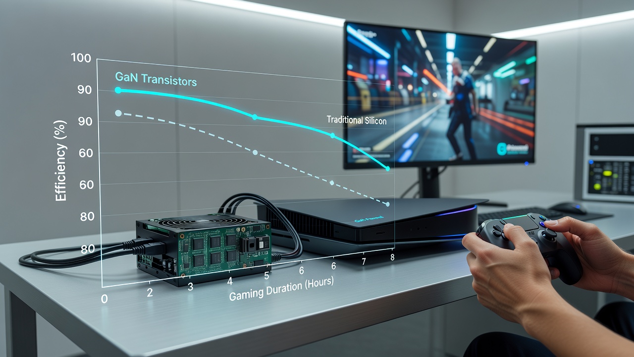 Efficiency curve graphs comparing GaN and silicon transistors in extended console gaming