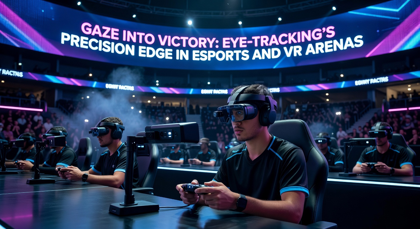 Professional esports player wearing eye-tracking glasses during a high-stakes match, with gaze overlay highlighting focus points on screen