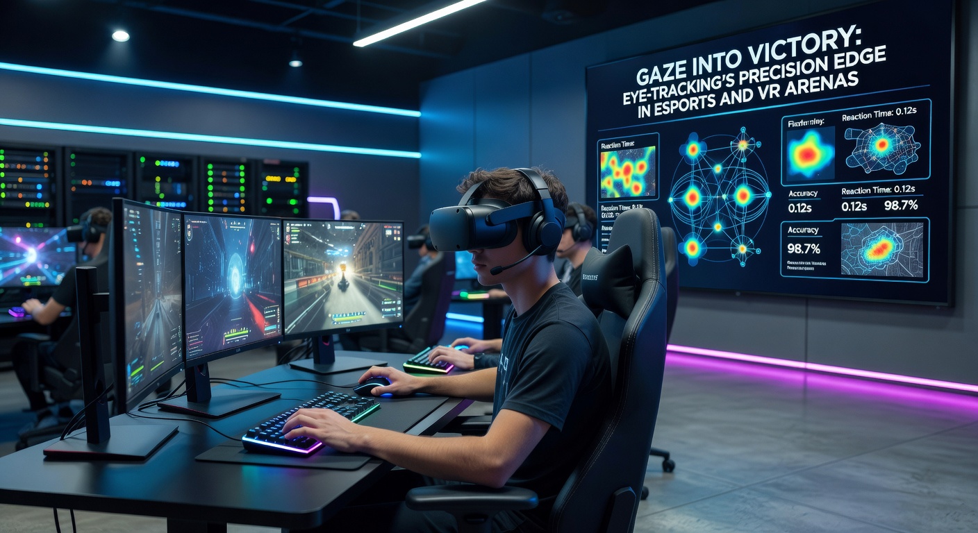 VR headset user immersed in a virtual arena, with gaze-based foveated rendering visible as high-detail focus point amid lower-res periphery