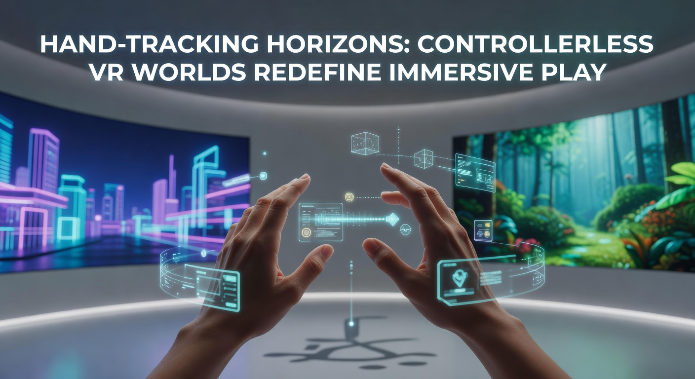 A user immersed in a VR environment, gesturing with bare hands to interact with virtual objects floating in a digital horizon landscape