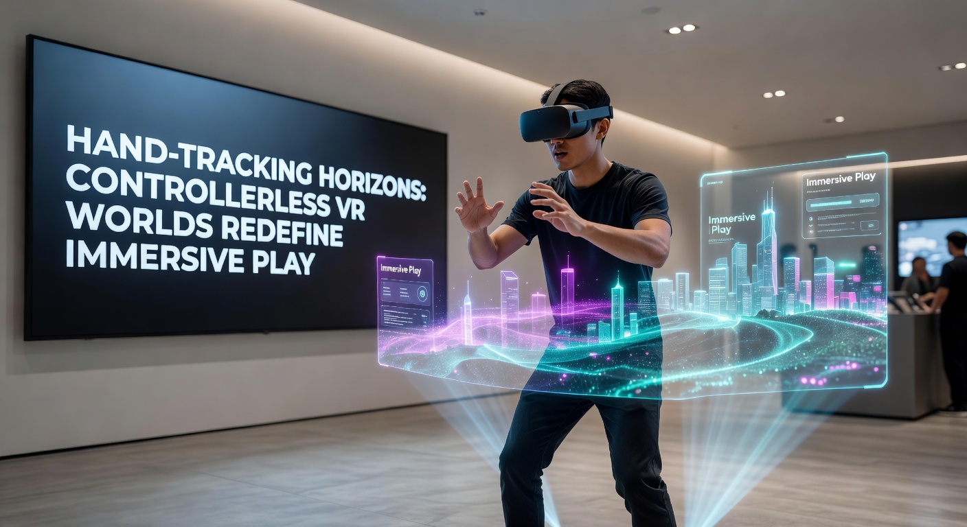 Close-up of a VR headset displaying tracked hand skeletons overlayed on real hands manipulating holographic interfaces in a futuristic setting