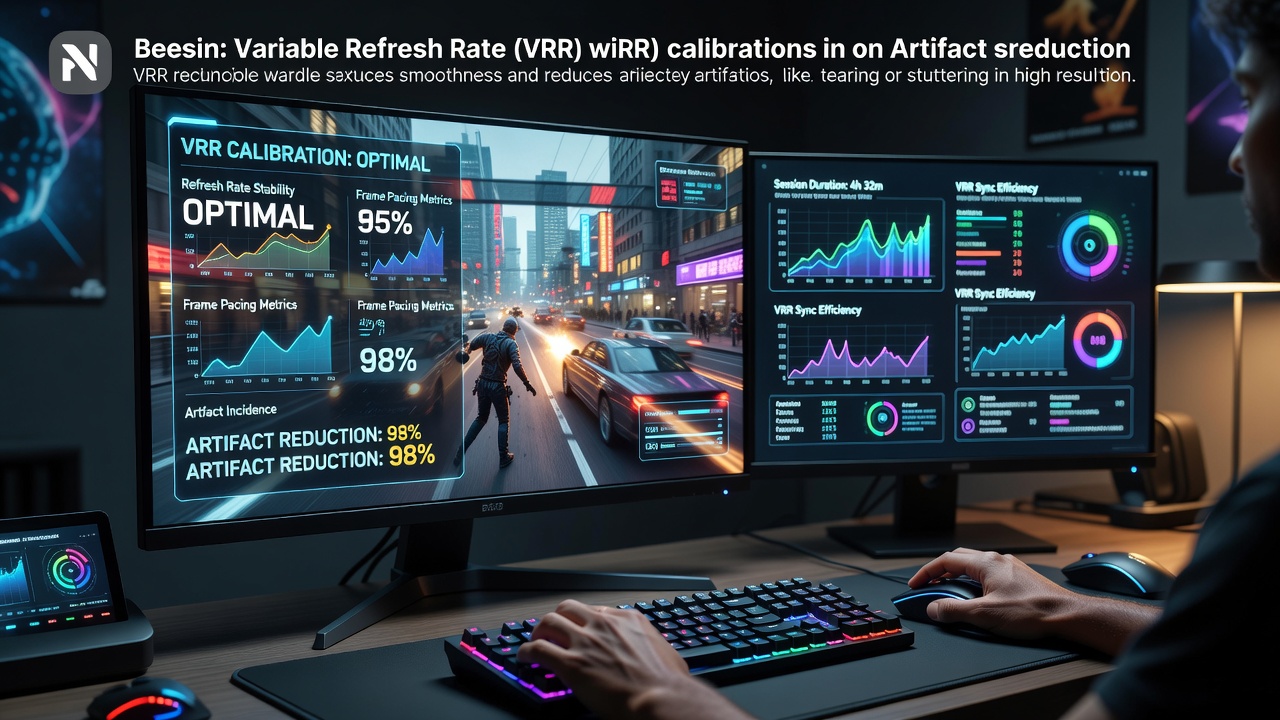 High-resolution monitor displaying variable refresh rate calibration settings during an action game session