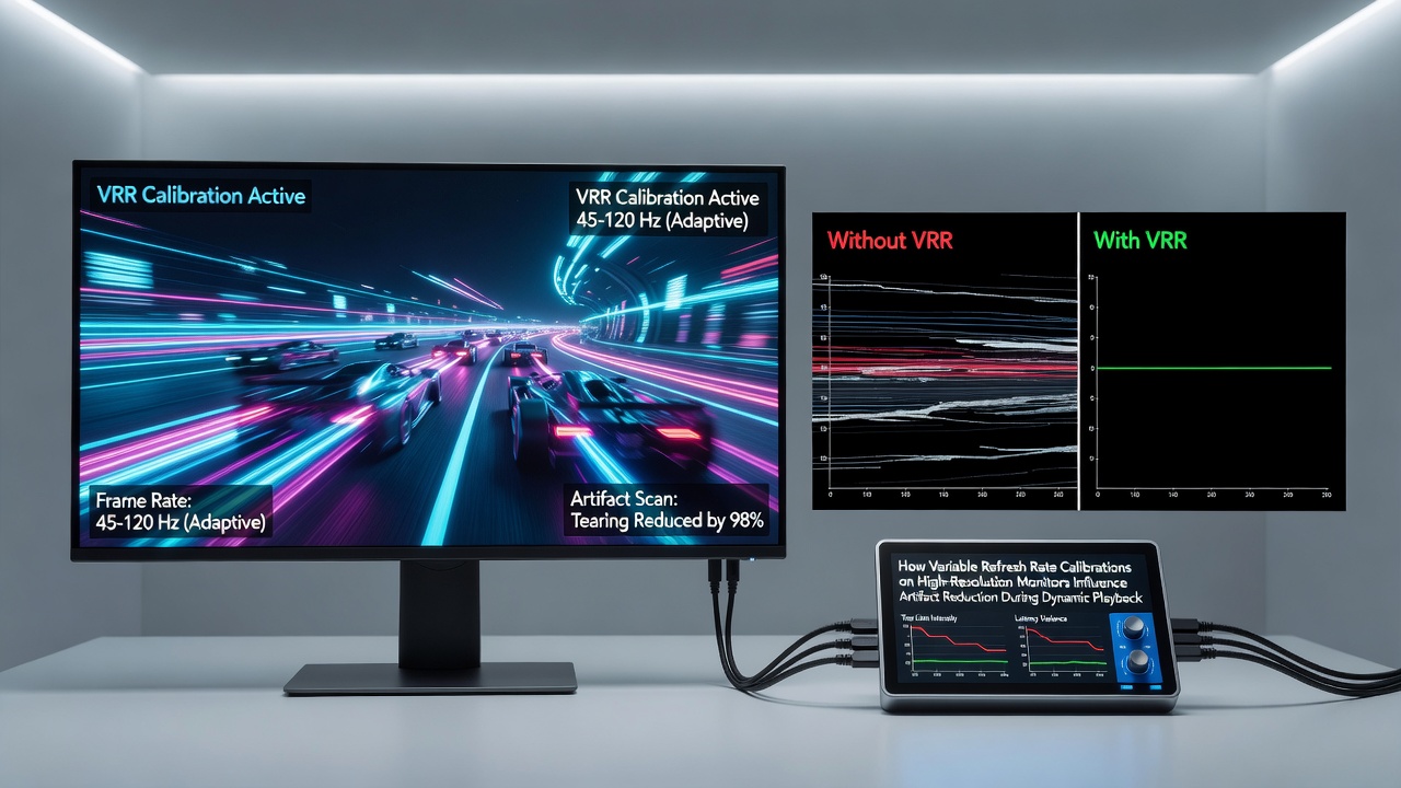 Close-up of monitor calibration interface showing refresh rate ranges and artifact metrics in an action gaming context