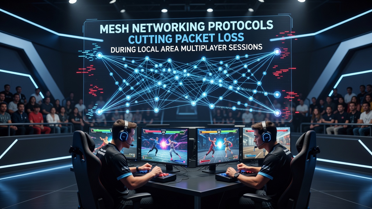 Mesh network diagram showing interconnected nodes in a fighting game tournament setup with reduced packet loss pathways