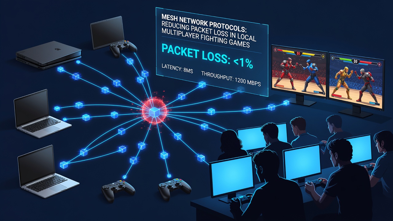 Tournament venue with mesh network nodes deployed among fighting game stations showing stable connections