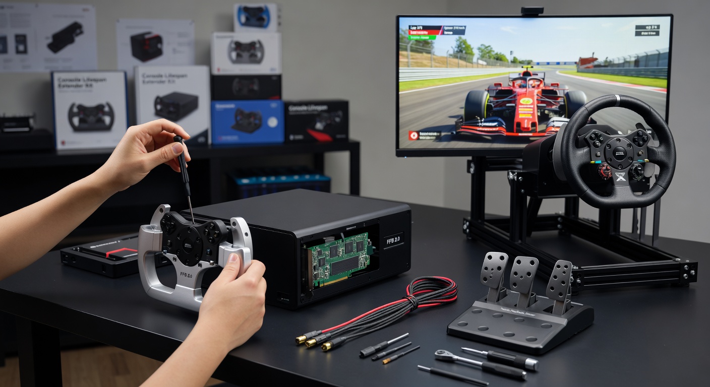 Modular racing sim setup showing swappable steering wheel, pedals and seat frame connected to a console rig
