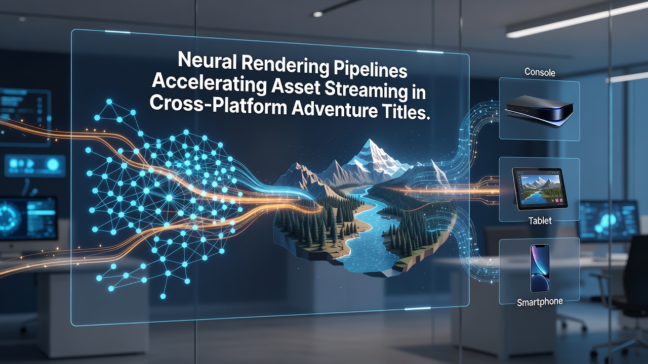 Diagram showing neural rendering pipeline components integrated with asset streaming buffers across PC, console, and mobile platforms