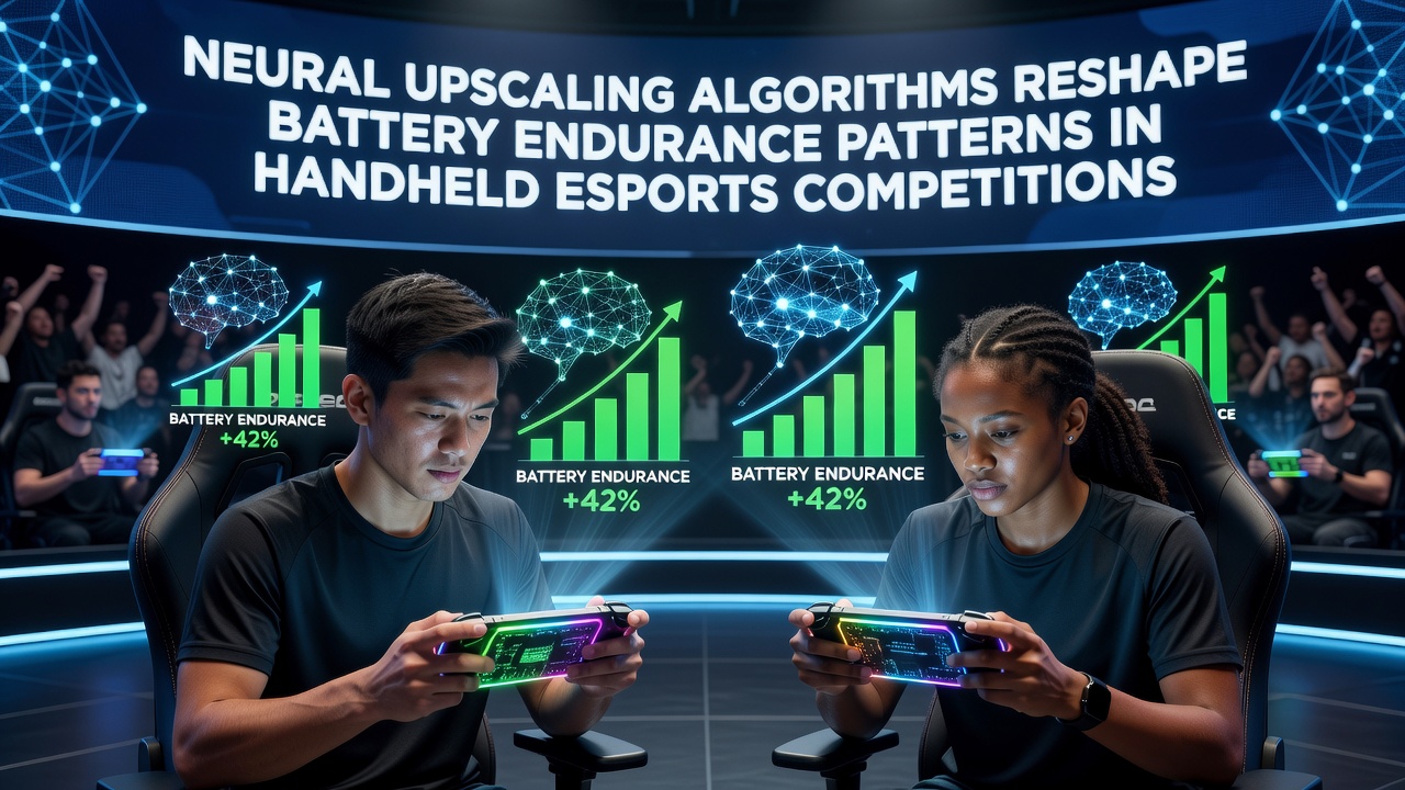 Handheld gaming device displaying neural upscaling interface during an esports match