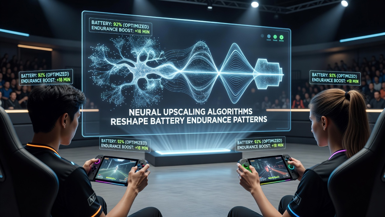 Close-up of battery metrics and performance graphs on a handheld esports device screen
