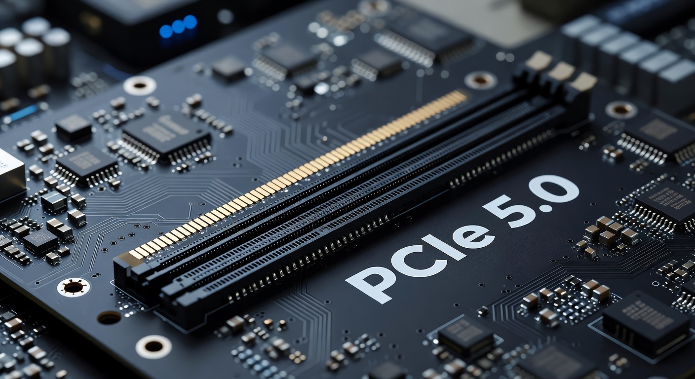Close-up view of a PCIe 5.0 slot on a motherboard, highlighting its high-speed connector pins and reinforced design for heavy GPUs
