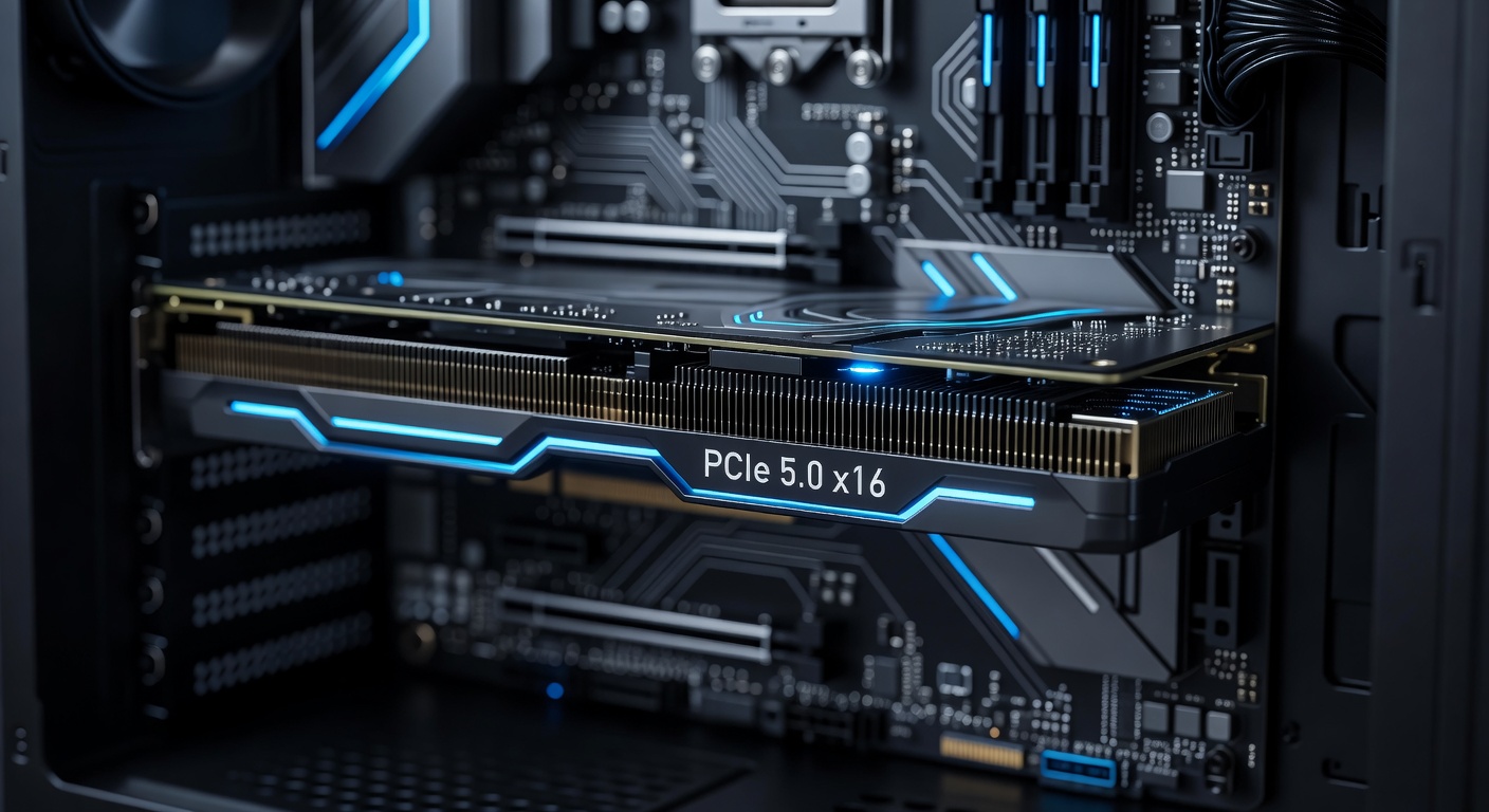 PCIe 5.0 NVMe SSD installed in a motherboard M.2 slot, surrounded by RGB lighting and high-end components, demonstrating peak storage speeds