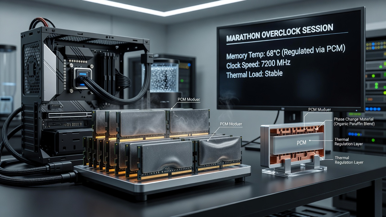 Close-up view of phase change material pads installed on overclocked RAM during a multi-day gaming competition