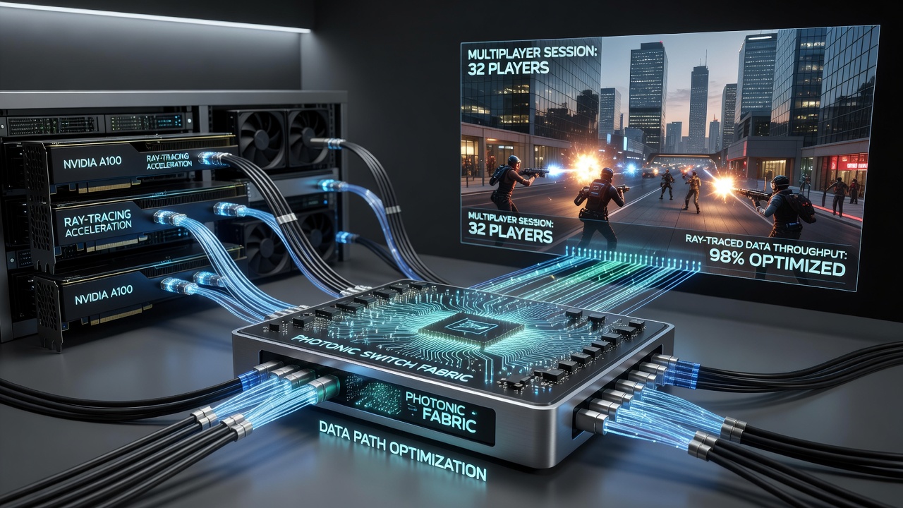 Close-up view of optical interconnects linking GPU boards for ray tracing workloads