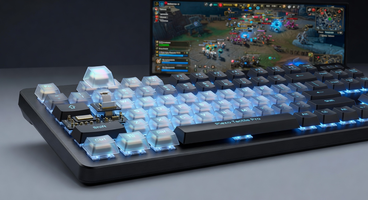 Close-up view of piezoelectric keyboard switch mechanism showing crystal layers and sensor integration