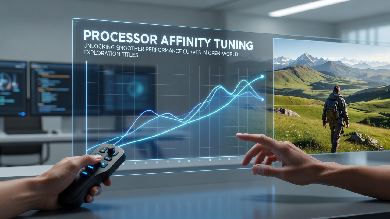 Processor affinity settings displayed in a system monitoring tool alongside an open-world game environment showing detailed terrain and character movement