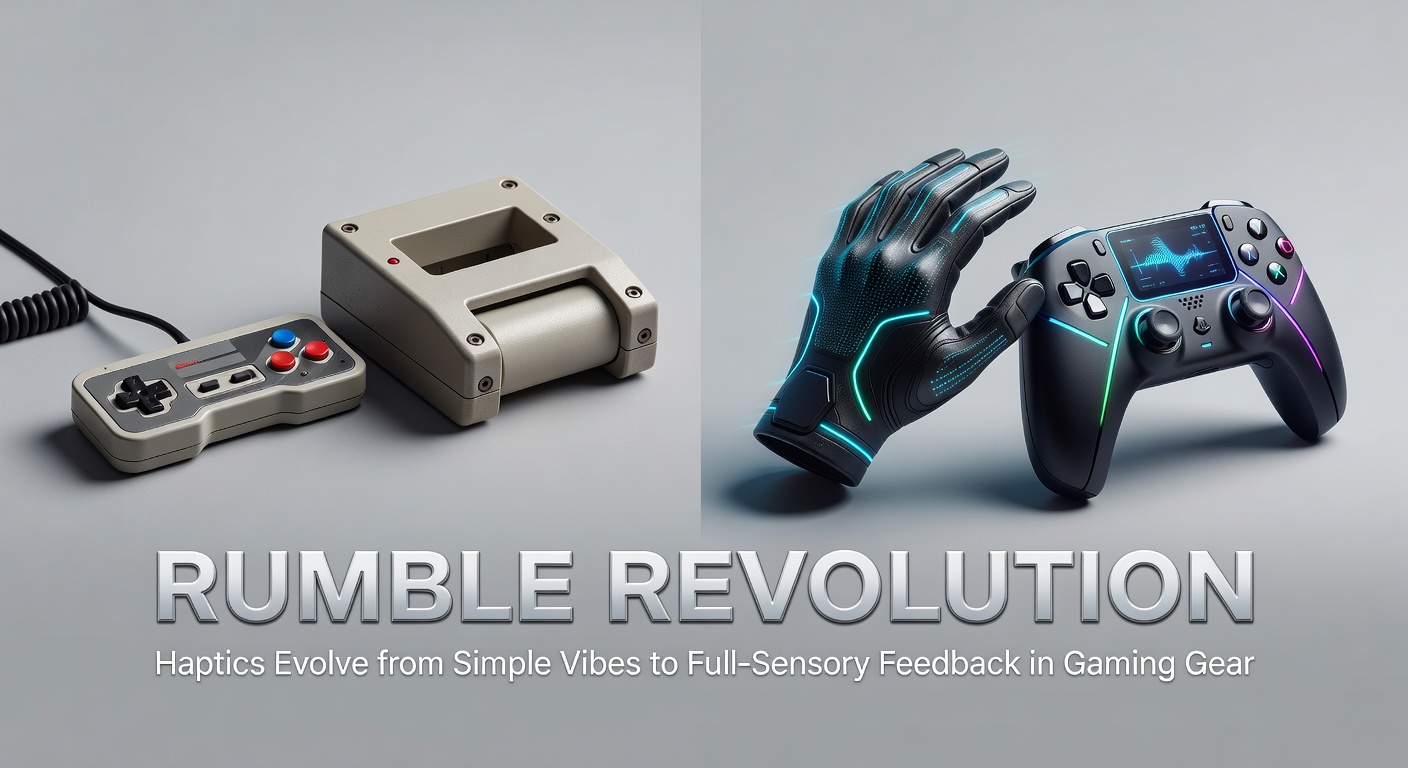 Vintage game controllers evolving into modern haptic devices showcasing rumble motors and advanced actuators