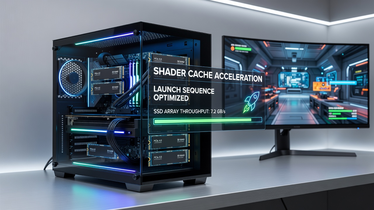 Performance chart comparing launch times with and without shader caches on SSD arrays