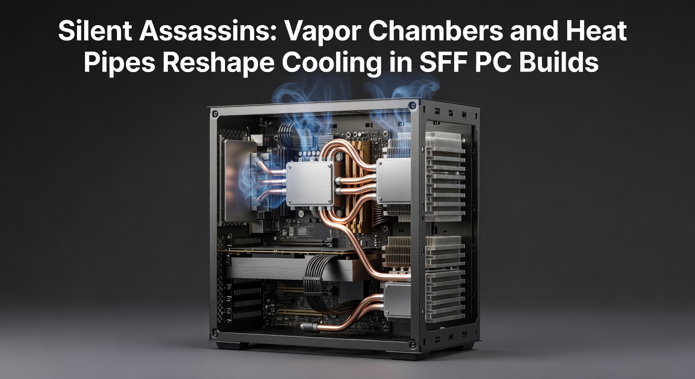 Close-up view of a sleek vapor chamber integrated into a compact SFF PC heatsink, showcasing intricate copper pathways for efficient heat dissipation