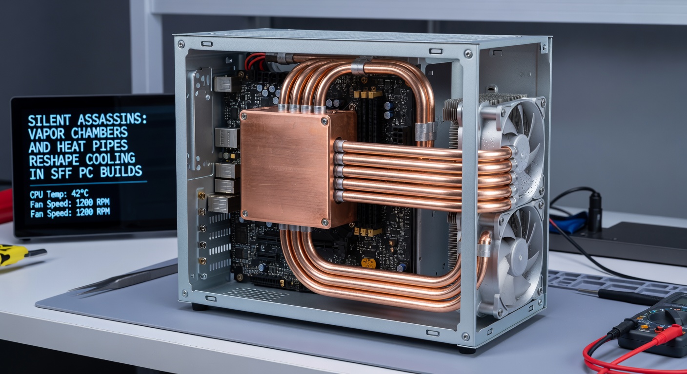 SFF PC build interior with visible heat pipes snaking from CPU to vapor chamber on GPU, surrounded by minimalist case panels emphasizing compact efficiency