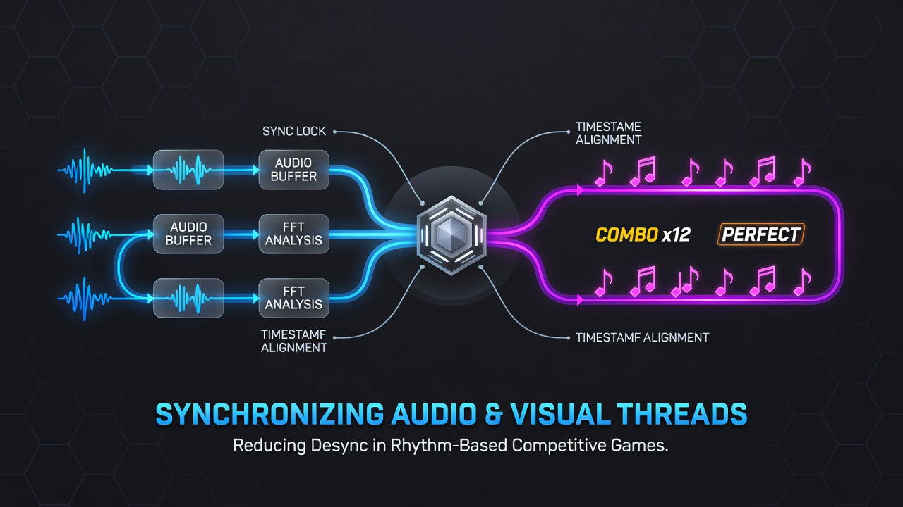 Diagram showing audio pipeline and rendering thread synchronization in a rhythm game engine