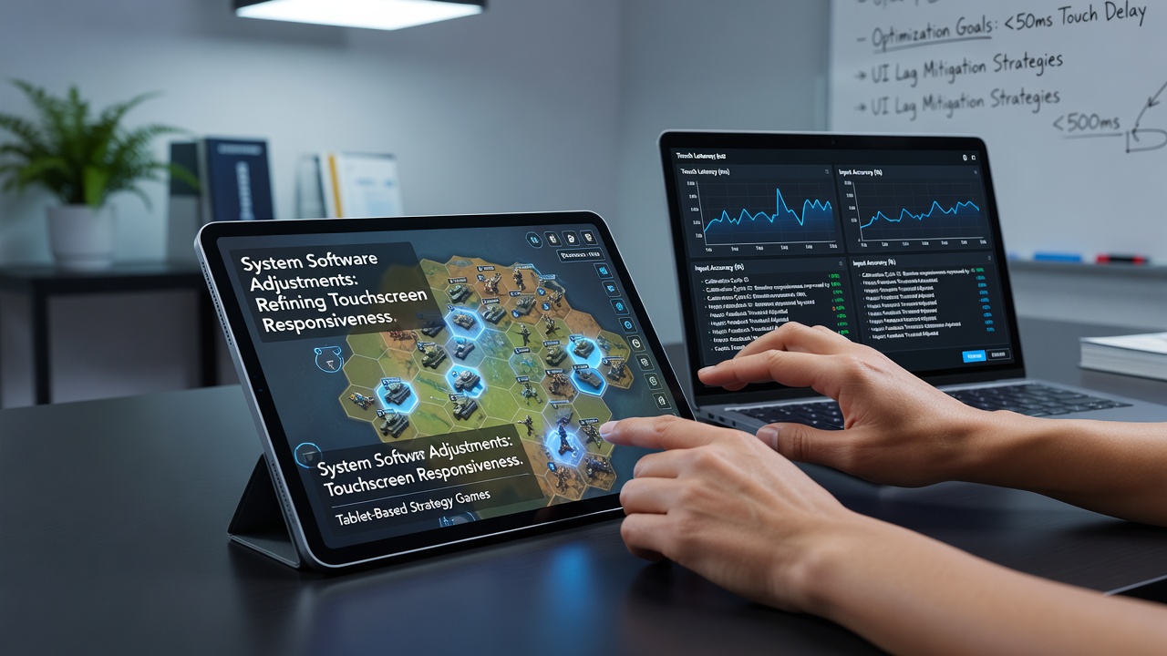 Split view comparing before-and-after touch latency graphs during a live strategy game session on a tablet