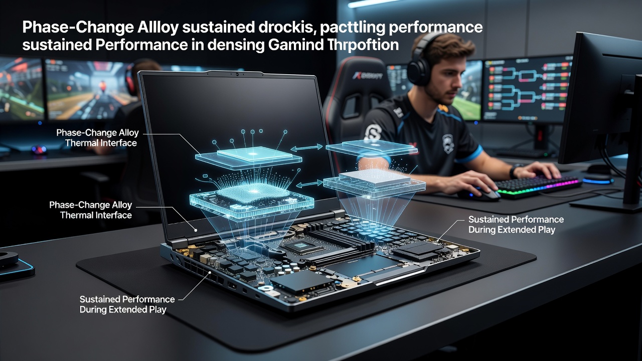 Phase-change alloy cooling modules integrated into gaming laptop chassis during high-load testing